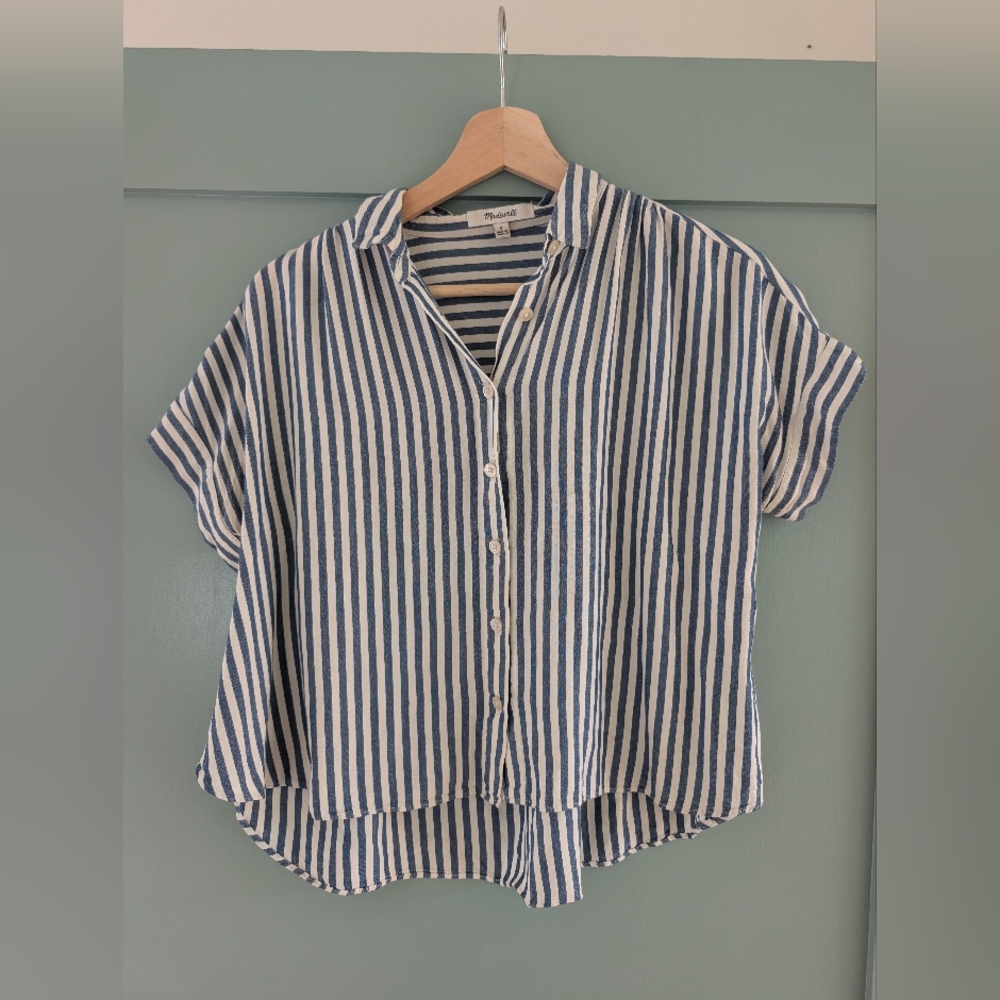 Cropped Madewell Navy and White Striped Boxy Button Up